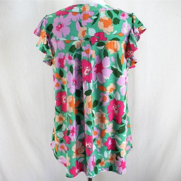 Dear Scarlett Lizzy Flutter Sleeve Top Womens Sz L Multi Color Floral Split Neck - Picture 5 of 7